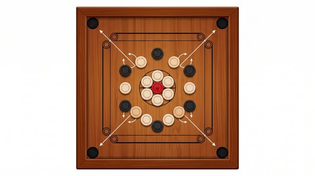 Wooden carrom board top view with carrom men coins and red queen vector illustration