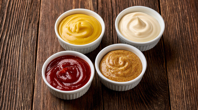 Four bowls of assorted sauces including ketchup, mustard, and mayonnaise sit on a rustic wooden table. Perfect for food catering and culinary advertising.