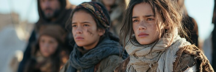 Fototapeta premium Refugee crisis and humanitarian aid young girls with dirty faces and worn clothes looking ahead with hope