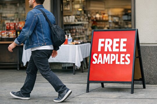 A person walking past a free sample sign, ideal for promotional or commercial use
