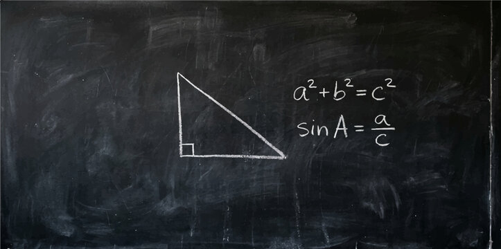 Mathematical pythagorean theorem equation and right angle triangle formula written on dark chalkboard background with triangle chalkboard equation geometry