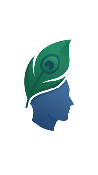 Human head silhouette profile with elegant green peacock feather icon