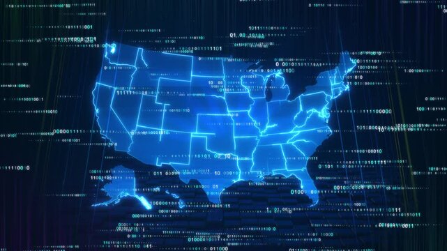 Blue United States map streaming zero and one code, high tech national data scene. cyber defense, secure networks, encryption, AI systems, software development, digital sovereignty 19 security