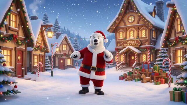 Polar bear in Santa Claus costume waving and dancing in a snowy Christmas village surrounded by festive decorations.
