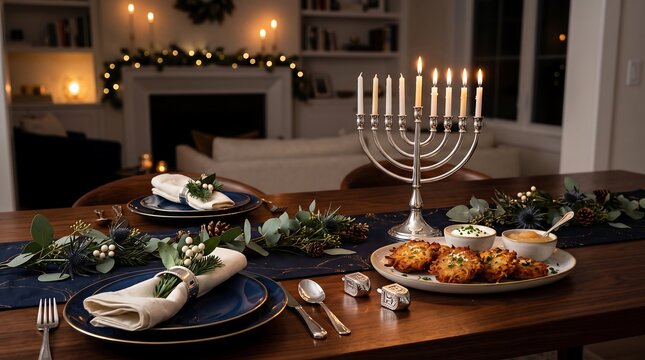 Festive dinner table with lit hanukkah menorah and traditional food
