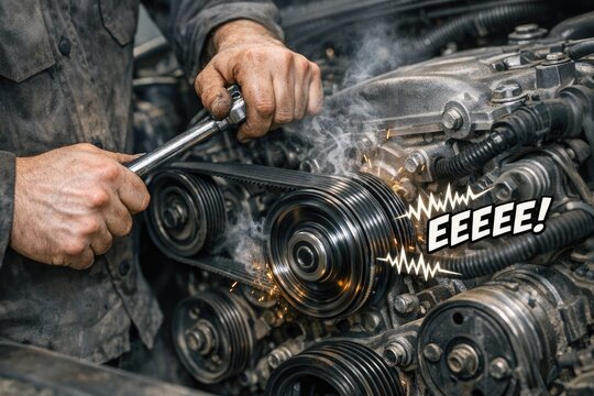 A person tinkering with an auto engine, accompanied by a small