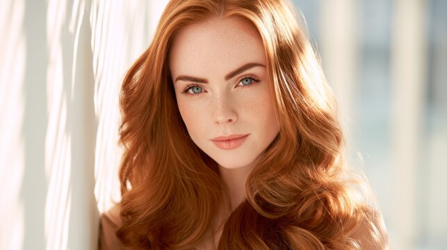 Natural beauty portrait of a young woman with long red hair, fair skin, and captivating green eyes, showcasing soft lighting in an elegant indoor setting