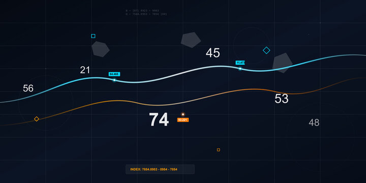 Digital financial data analytics interface with geometric icons set on transparent background