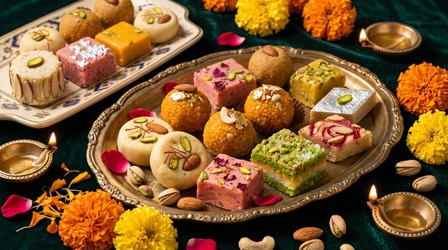 Assorted traditional indian sweets displayed on ornate brass trays