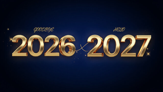 Goodbye 2026 Hello 2027 text. Shiny gold year numbers on dark blue background. Festive typography design for calendar, card. Luxe new year celebration banner template
