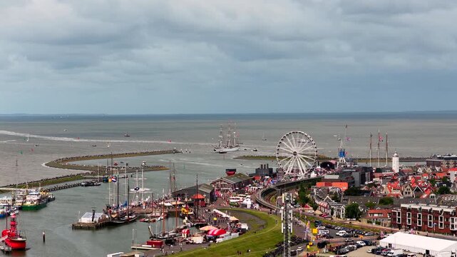 Aerial view of Tall Ships arriving in Harlingen, the Netherlands