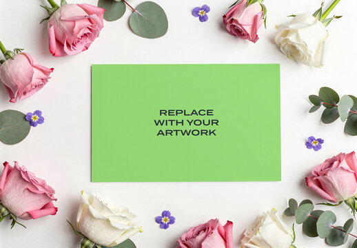 Rectangular card mockup with placeholder text surrounded by pink and white roses eucalyptus leaves on a surface, stationery branding presentation, print design template