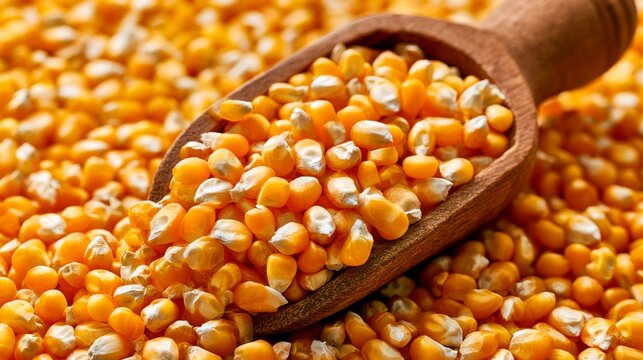 Bright yellow corn kernels in wooden scoop on scattered corn background, showcasing the agricultural richness and natural beauty of corn harvest