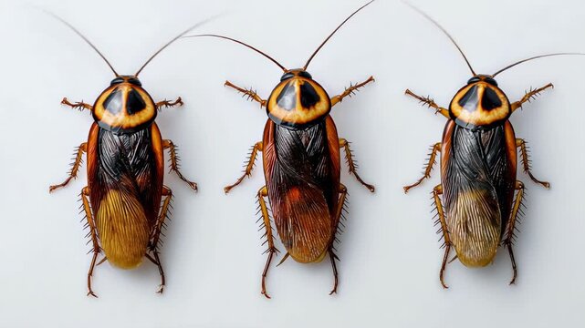 Top view of three brown cockroaches aligned on clean white background