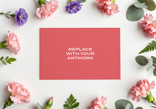 Vertical rectangular card mockup displayed on a white surface surrounded by pink carnations and green foliage, realistic stationery presentation with natural light, floral arrangement