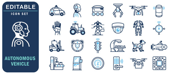 Fototapeta premium Autonomous Vehicle and Robotics Editable Icon Set. Vector line icons for self-driving cars, automated machinery, drones, and smart technology.