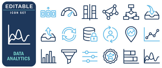 Fototapeta premium Data Analytics Editable Icon Set. Vector line icons for business intelligence, statistics, database, and financial charts.