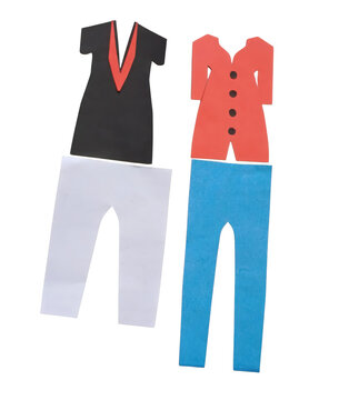 Minimalist of four colorful paper bag puppets on black background, red shirt blue pants gray hat