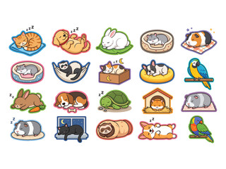 Cute pixel art collection of sleeping pets and animals isolated on transparent background