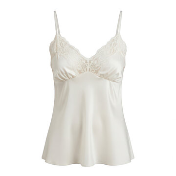 Elegant white satin camisole top with delicate lace trim isolated on transparent background