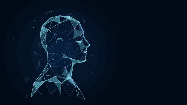 A polygonal wireframe depiction of a human head is rendered in a cool toned futuristic style abstract algorithmic artificial intelligence