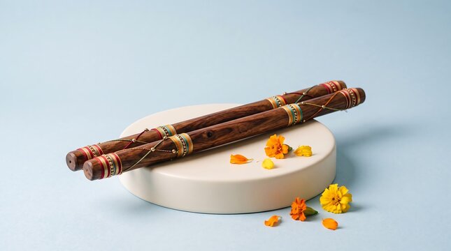 Traditional wooden flute instrument with decorative strings on a circular platform with flower petals