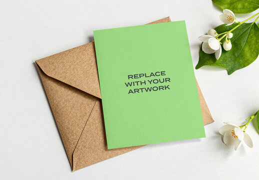 Stationery mockup with brown kraft envelope on white surface, floral arrangement featuring jasmine flowers and leaves, flat lay top view presentation for print design, branding, editorial use