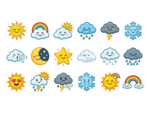 Cute pixel art weather icons set including sun clouds rain and snow isolated on transparent background