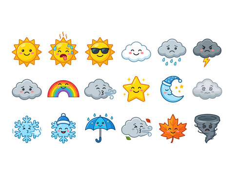 Cute pixel art weather icons set featuring sun clouds rain snow and more isolated on transparent background