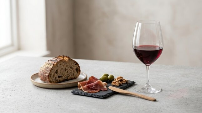 Elegant Glass of Red Wine Paired with Prosciutto, Olives, Walnuts, and Sourdough Bread on a Table