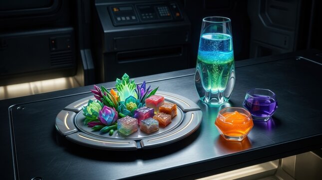 Futuristic Alien Cuisine with Glowing Bioluminescent Snacks and Drinks on a Spaceship Table