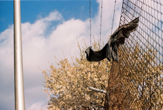Abandoned jacket tangled on chain link fence in spring