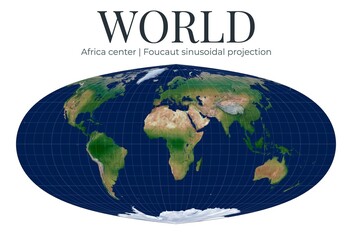 World Map, Foucaut sinusoidal projection. High detail physical topography. Africa center at lat 0, lon 20. Hybrid equal-area global thematic representation. © Eugene Ga