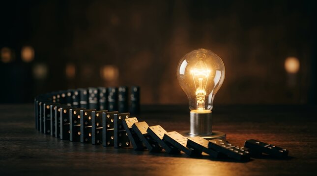 Glowing light bulb standing beside falling dominoes chain on dark moody background representing creative business strategy solution domino effect and innovation concept light bulb dominoes business