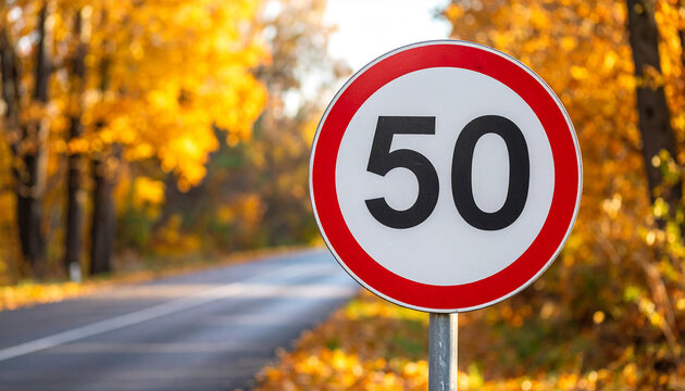 Circular road traffic sign 50 with km hour speed-limit, red border, white center, mounted beside a road, soft autumn trees and golden foliage blurred on background. Close-up.
