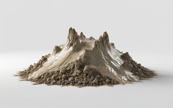 Brown mud volcano shape with textured clay peaks on light studio background.
