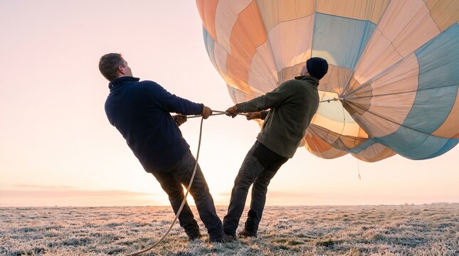 Hot air balloon ground crew hauling the crown line as the envelope inflates at dawn