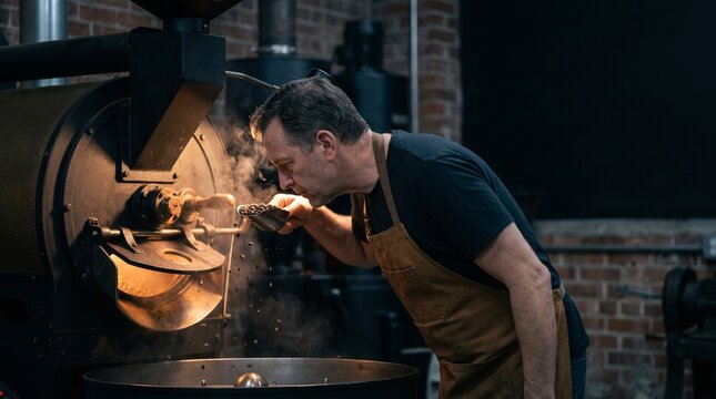 Coffee roaster checking bean colour at the trier of a drum roaster in a roastery