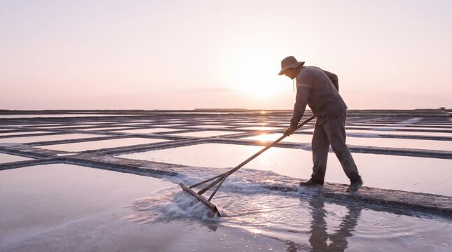 Salt harvester raking crystallised salt across a shallow evaporation pan at dawn