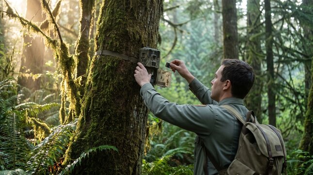 Park ranger swapping the memory card in a wildlife camera trap on a mossy tree trunk