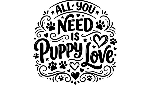 Puppy love quote typography vector badge design with paw prints and hearts