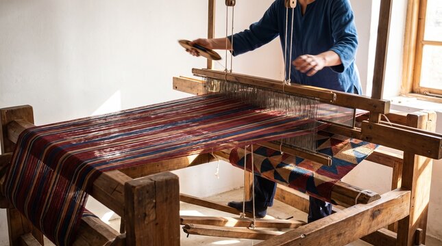 Traditional textile weaver throwing a shuttle across a wooden floor loom in a sunlit workshop