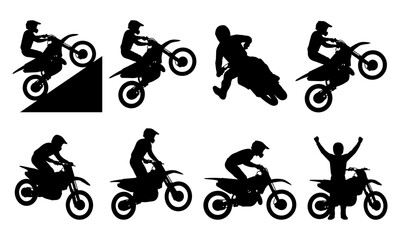 Fototapeta premium Motocross dirt bike riders performing extreme stunts jumping doing wheelies hill climbing racing and celebrating victory