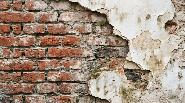 Weathered Rustic Wall Featuring Exposed Red Bricks Combined With Peeling Old Plaster Layers brick wall plaster texture rustic old exposed brick peeling architectural detail background brickwork