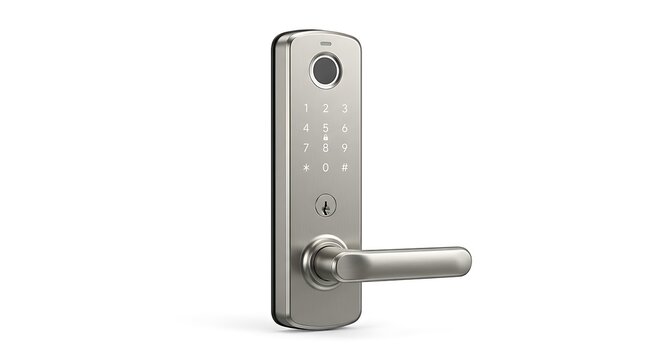 Modern digital door lock with keypad and fingerprint sensor isolated on white background