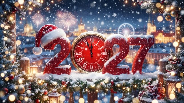 Festive New Year 2027 Countdown Clock with Santa Hat Amidst Snowy Winter Cityscape Celebration