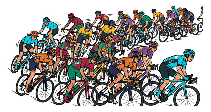  Peloton of professional bicycle racers competing in a road cycling race vector illustration with race number competition exercise champion bicyclist illustration colorful Peloton of professional bicy