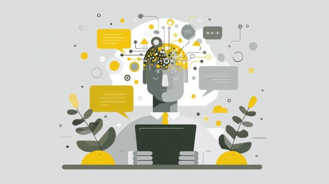 Digital intelligence concept featuring abstract human head linked with data streams with displays stylized human figure interacting technology