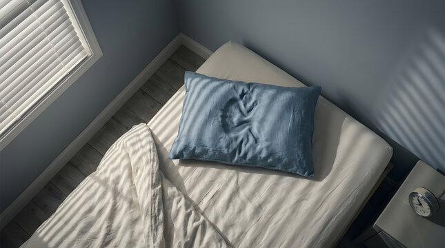 morning light on unmade bed with pillow indent | mysterious silhouette impression on blue pillow | minimalist bedroom interior with morning shadows | concept of absence and loss