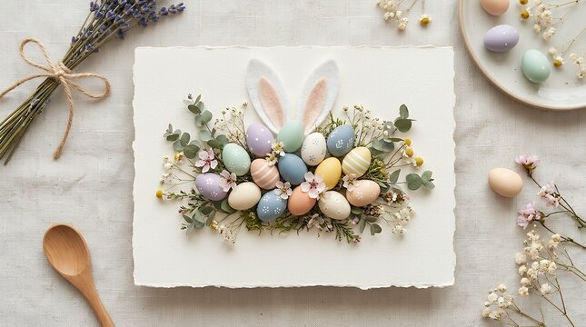 High angle flat lay design of a seasonal greeting card layout featuring minimalist white rabbit ears peeking over a cluster of pastel painted holiday eggs background card template layout rabbit ears
